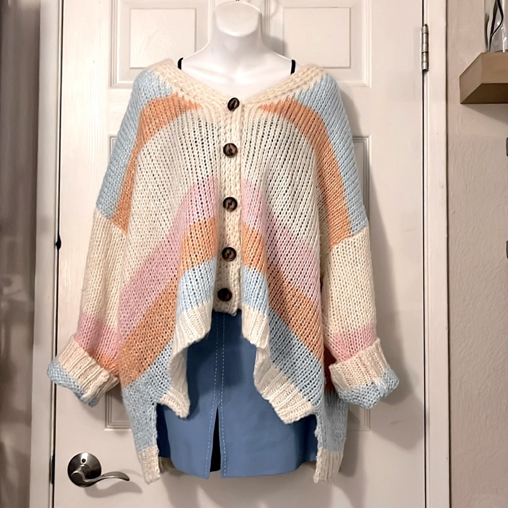 Pink Lily V Neck Oversized Striped Drop Shoulder Button Down Cardigan Sweater